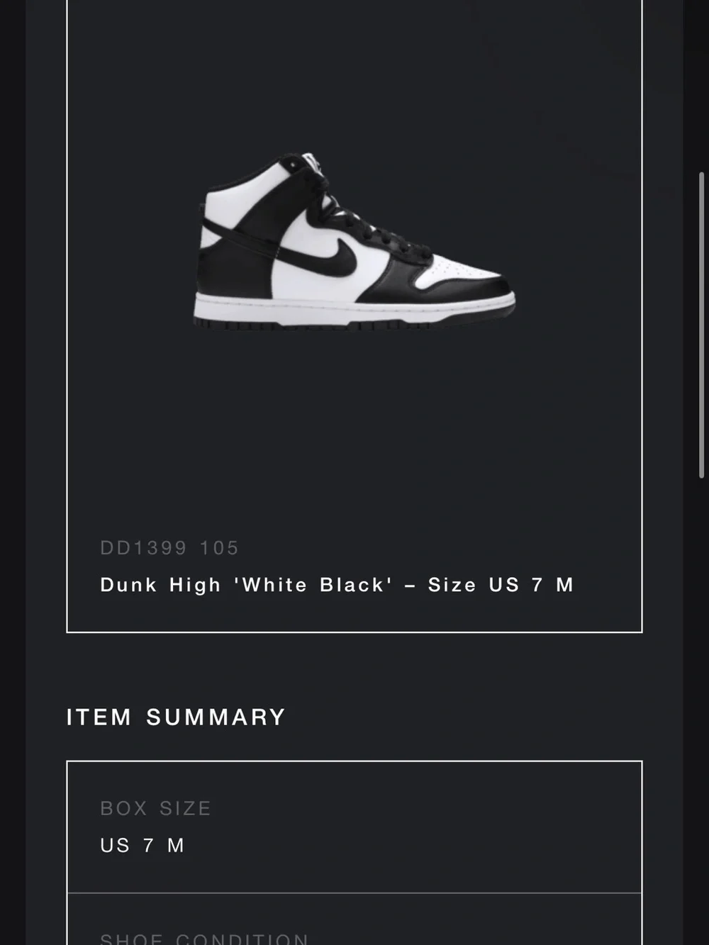 Dunk High 'White Black' – Size US 7 M or 8.5 W